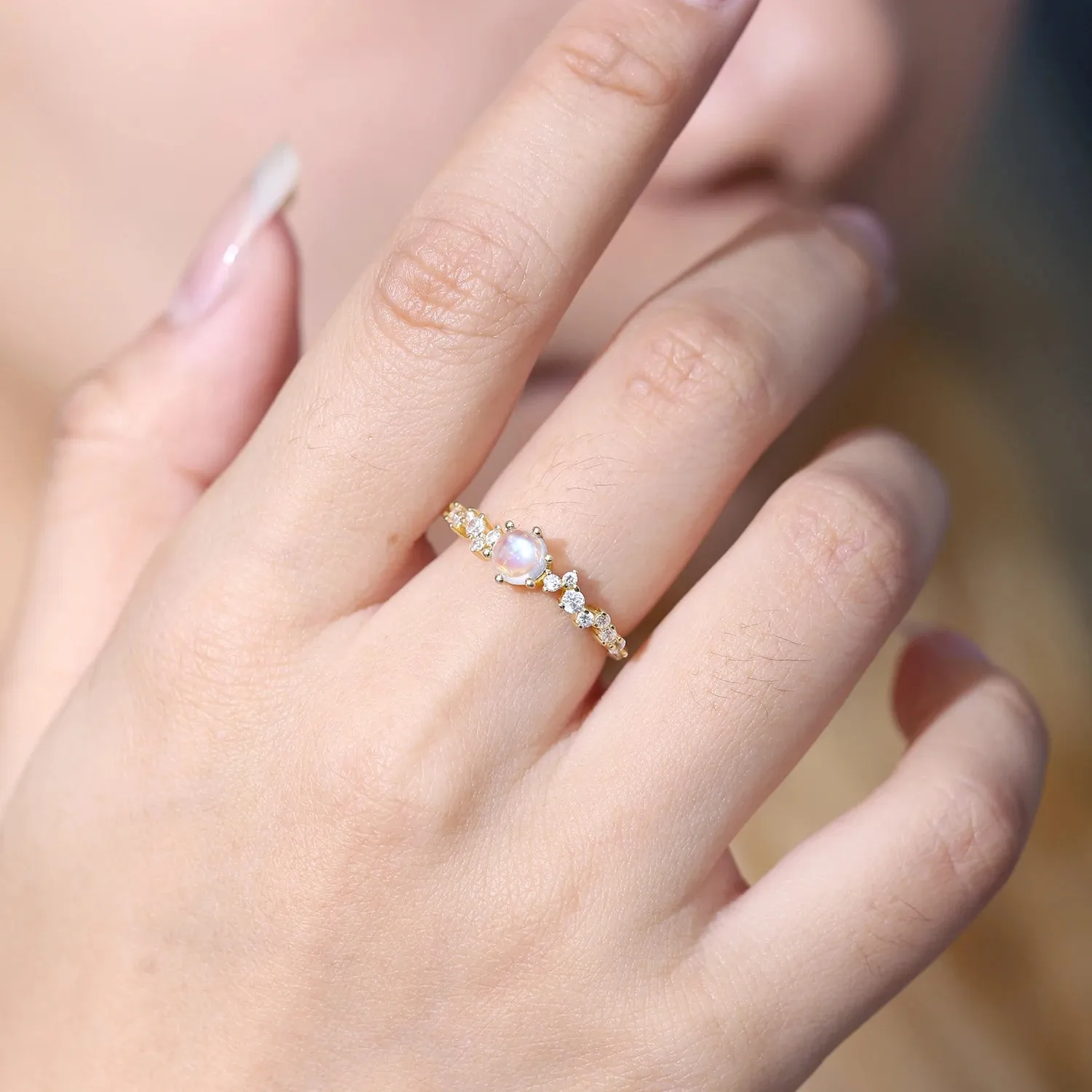 925 Sterling Silver Gold Promise Ring – Natural Rainbow Moonstone June Birthstone