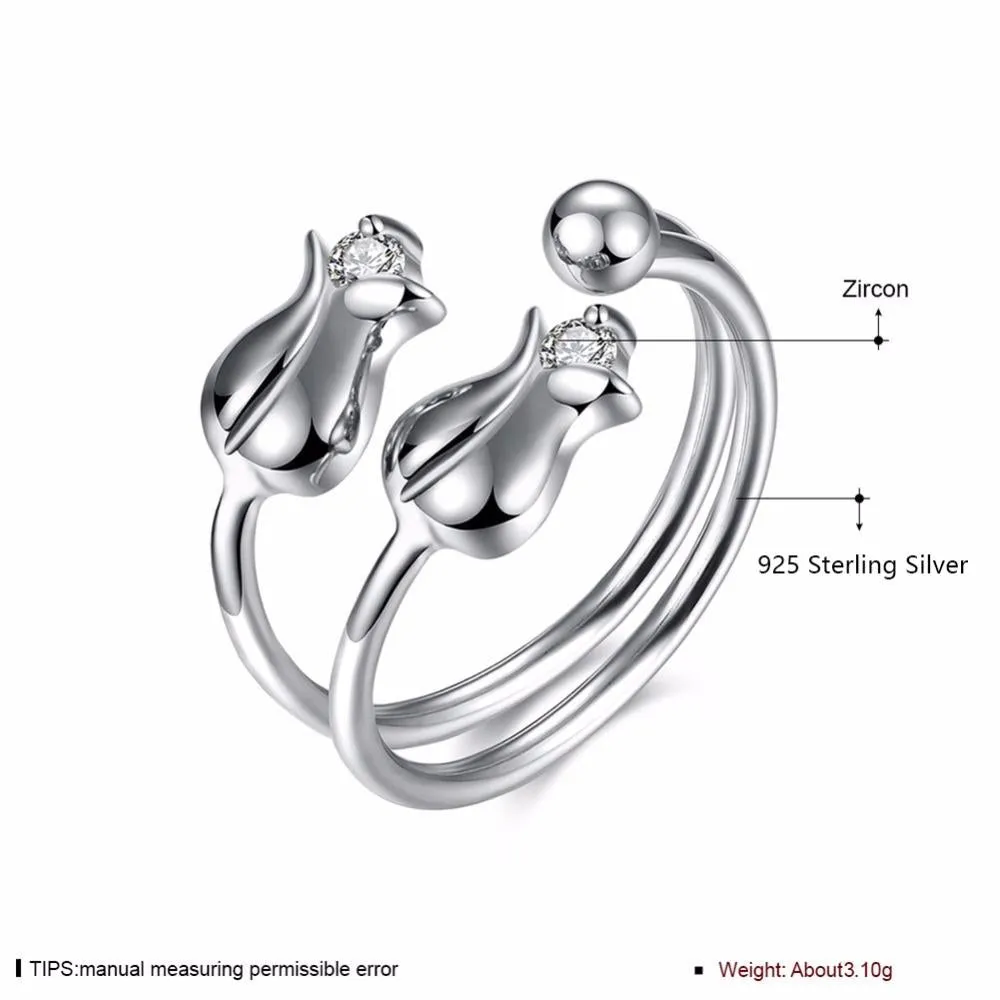 925 Sterling Silver Rose Shape Adjustable Ring, Fashion Jewelry Gift for Women