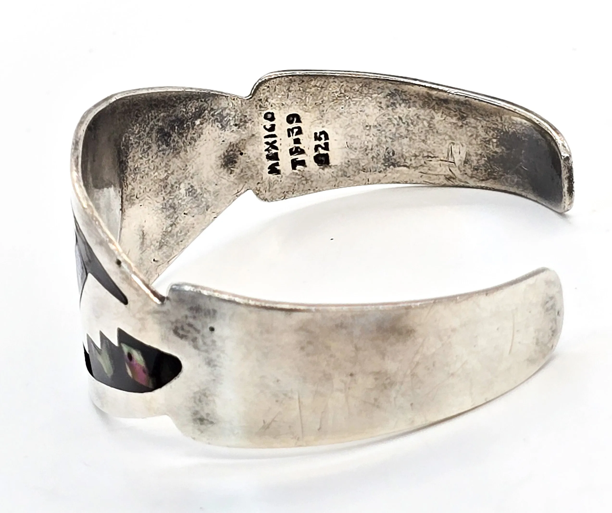 Abalone inlay Native Taxco Mexico TF-39 vintage sterling silver cuff bracelet