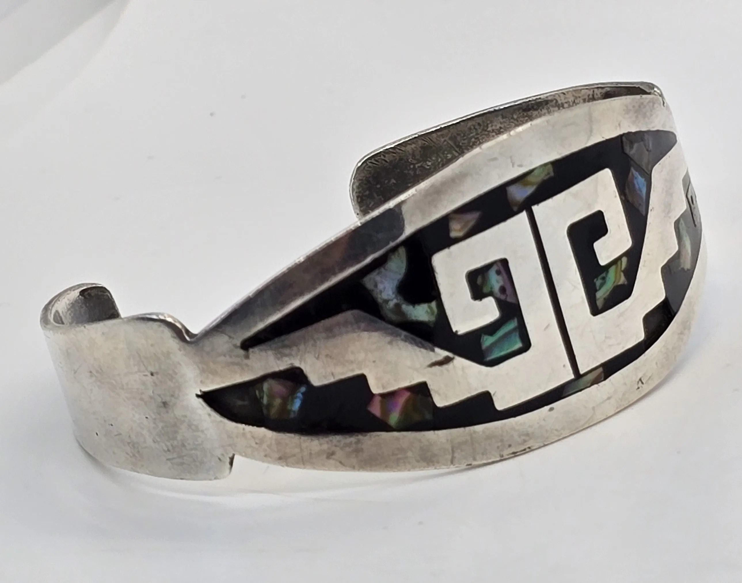 Abalone inlay Native Taxco Mexico TF-39 vintage sterling silver cuff bracelet