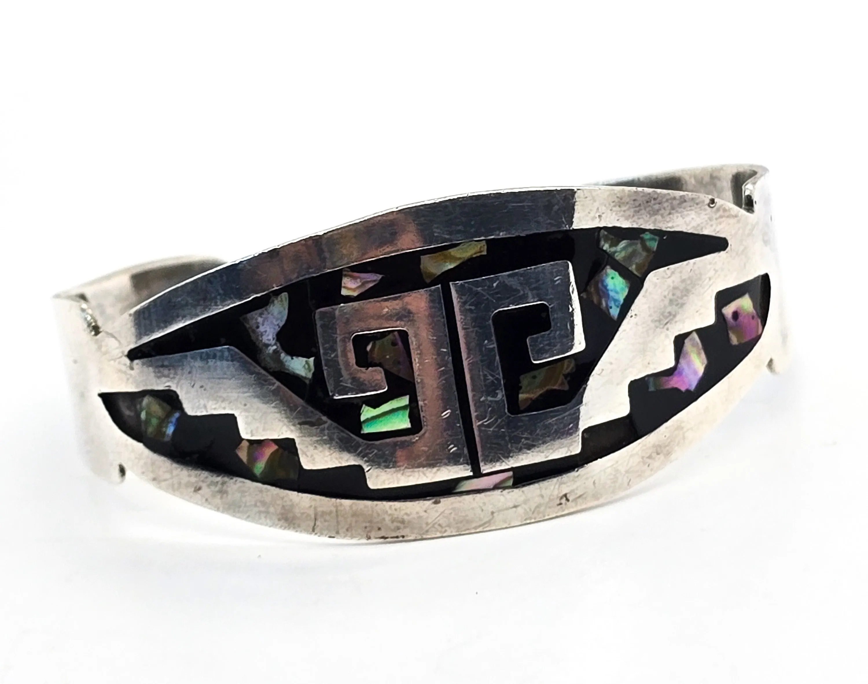 Abalone inlay Native Taxco Mexico TF-39 vintage sterling silver cuff bracelet