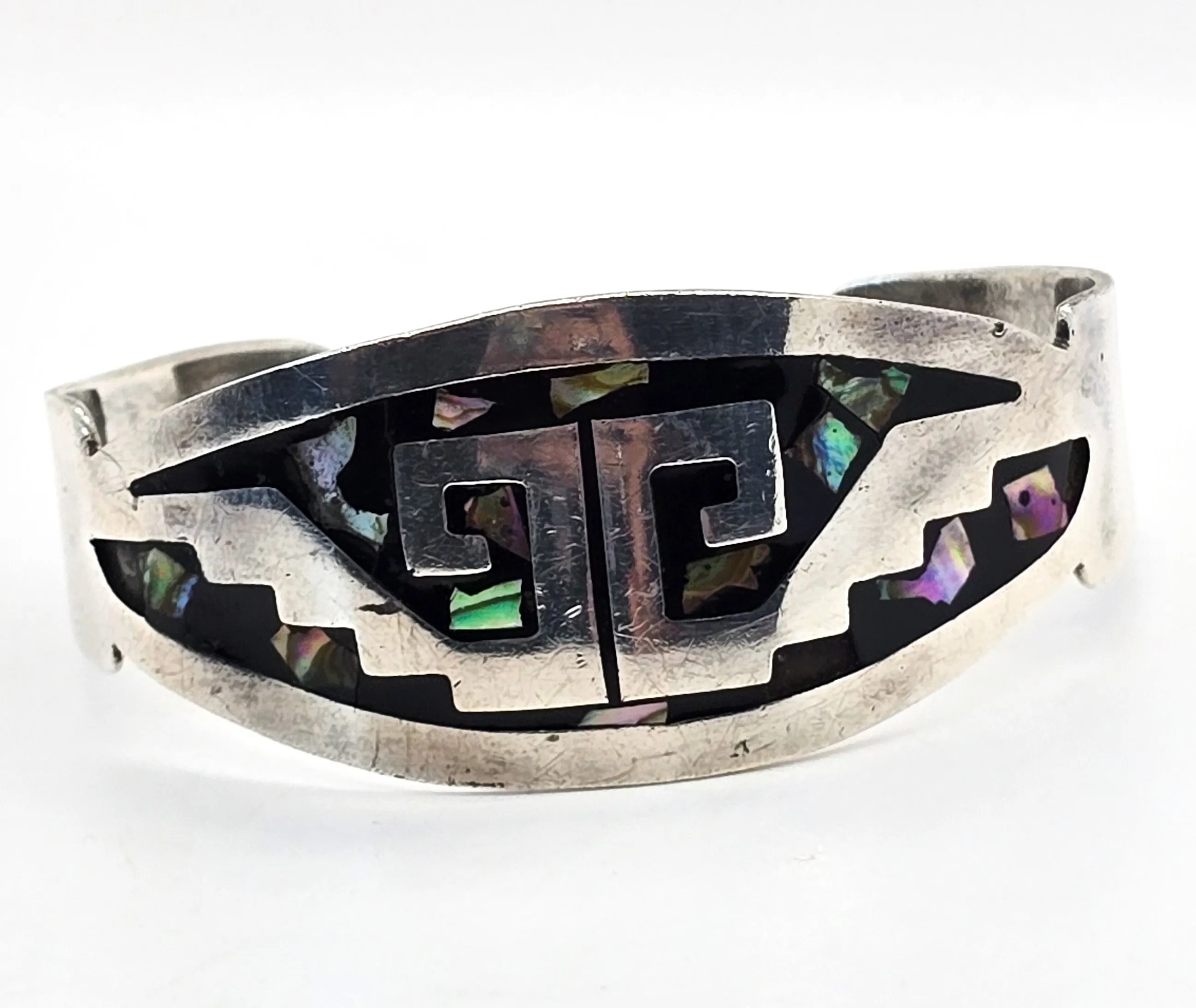 Abalone inlay Native Taxco Mexico TF-39 vintage sterling silver cuff bracelet