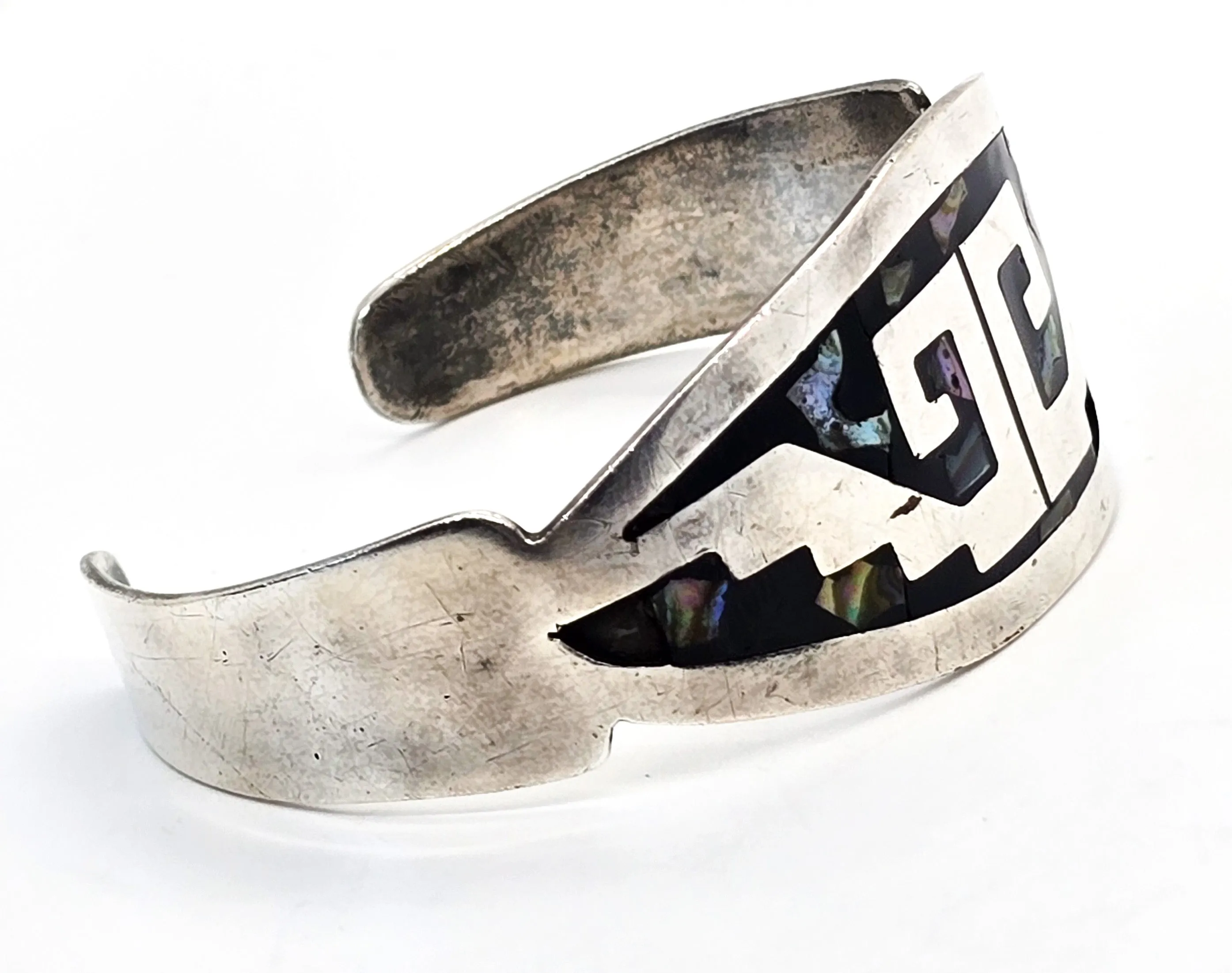 Abalone inlay Native Taxco Mexico TF-39 vintage sterling silver cuff bracelet