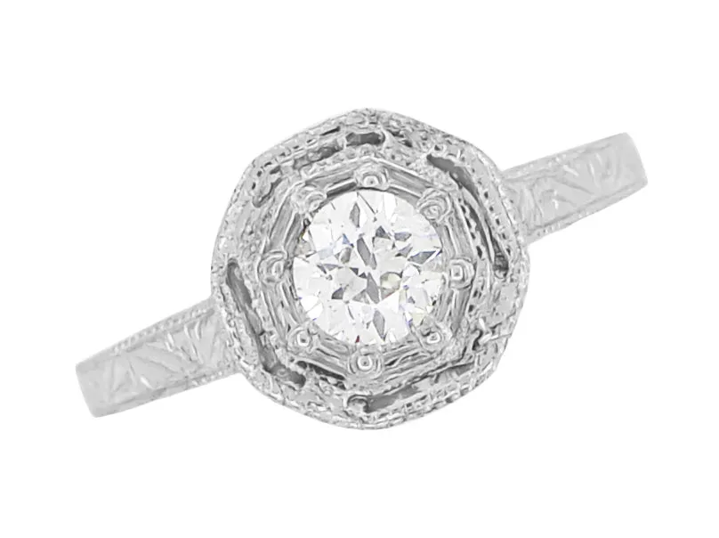 Aden Art Deco Engraved Platinum Old European Cut Diamond Engagement Ring