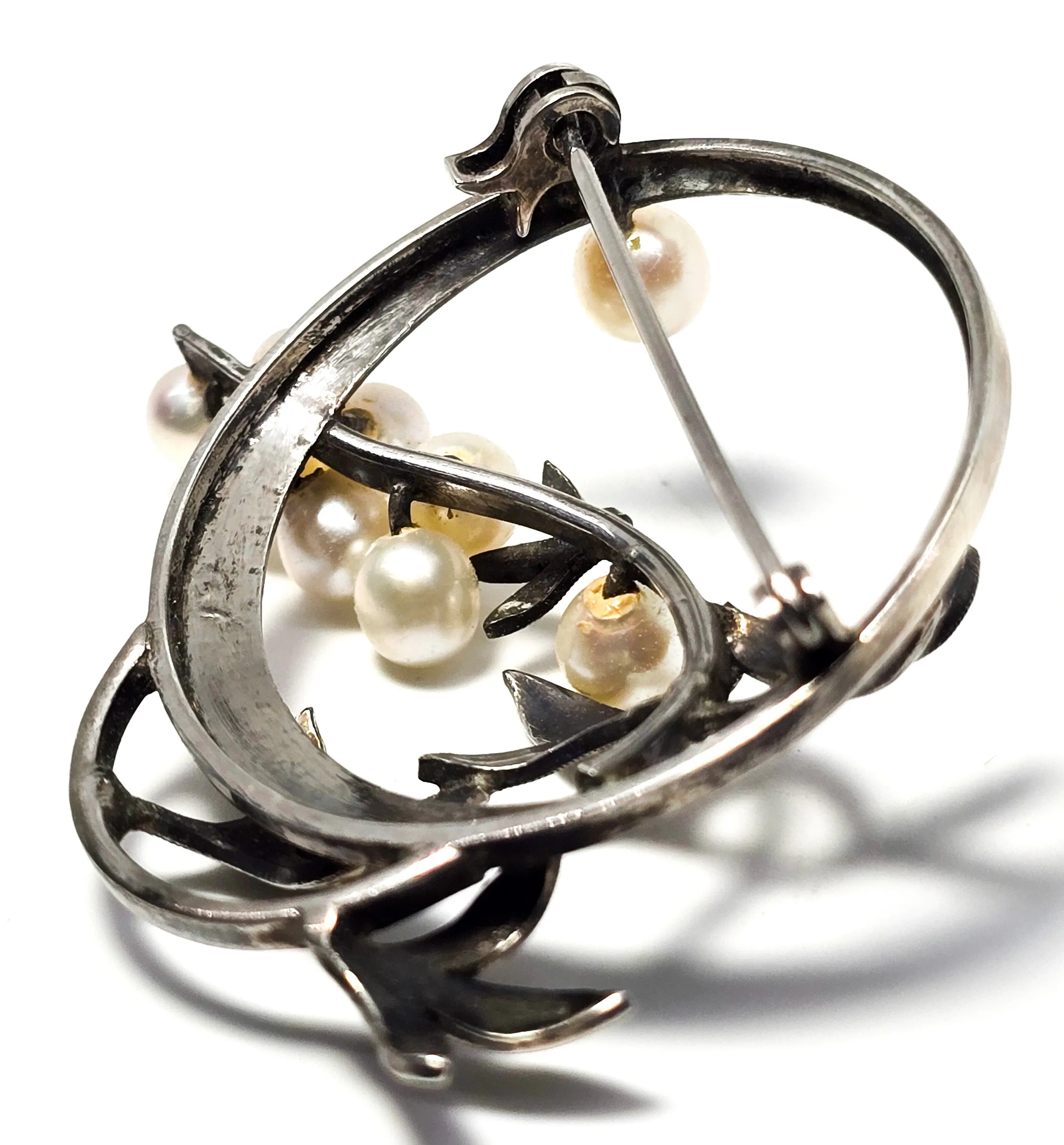 Akoya Pearl great cluster white grape vintage mid century sterling silver brooch