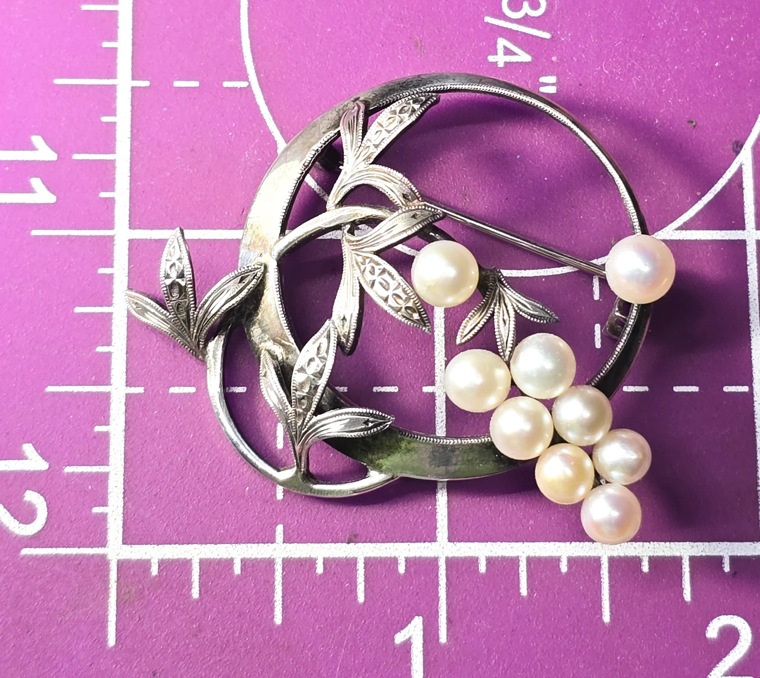Akoya Pearl great cluster white grape vintage mid century sterling silver brooch