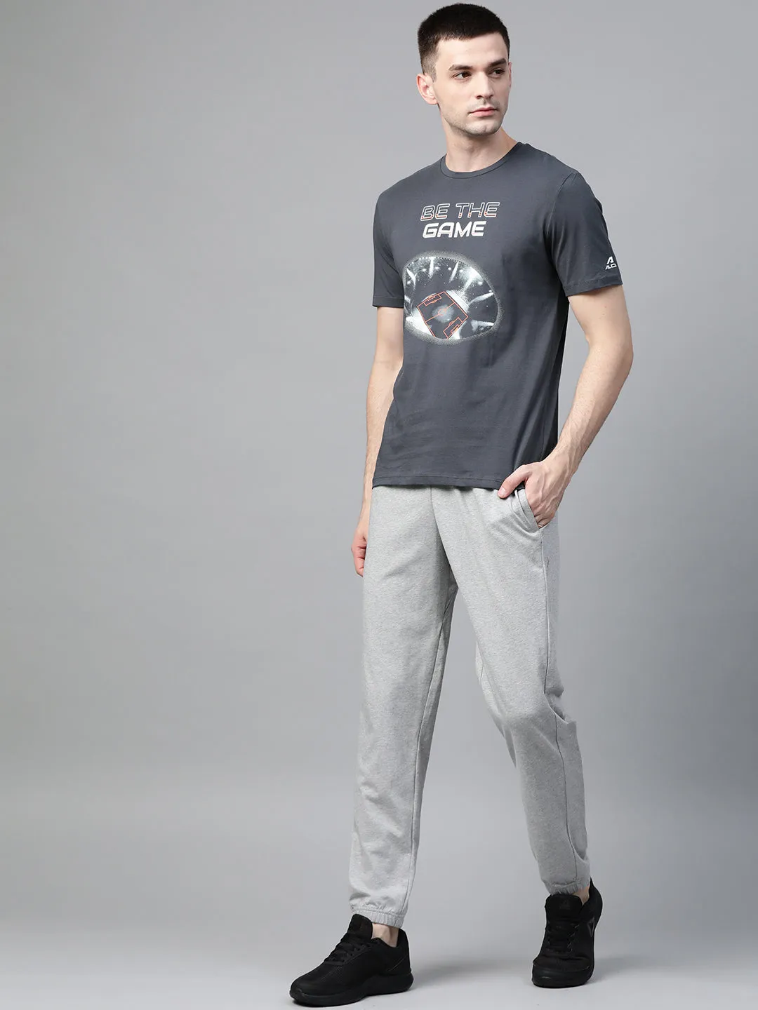 Alcis Men Charcoal Grey White Printed Round Neck Outdoor T-shirt