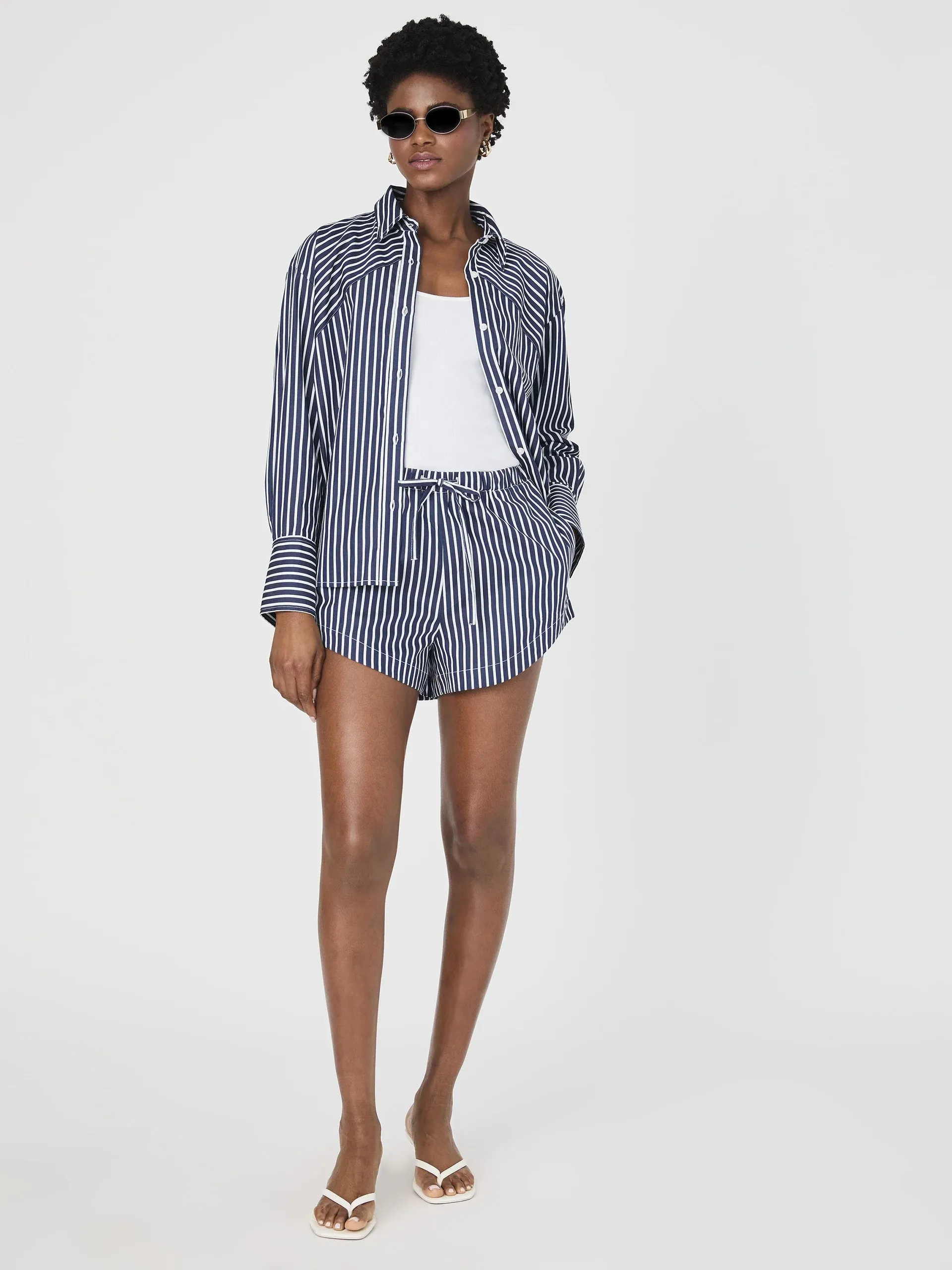 Alexis Cotton Drawstring Striped Shorts in Marine/Summer White