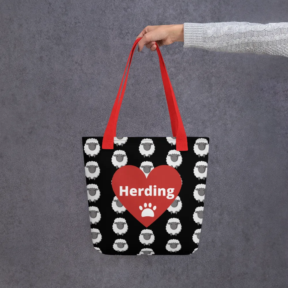 Allover Sheep w/ Herding in Heart Tote Bag - Black