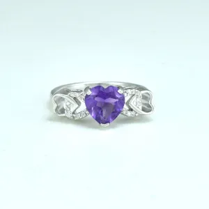 Amethyst and Diamond Heart Ring in Sterling Silver