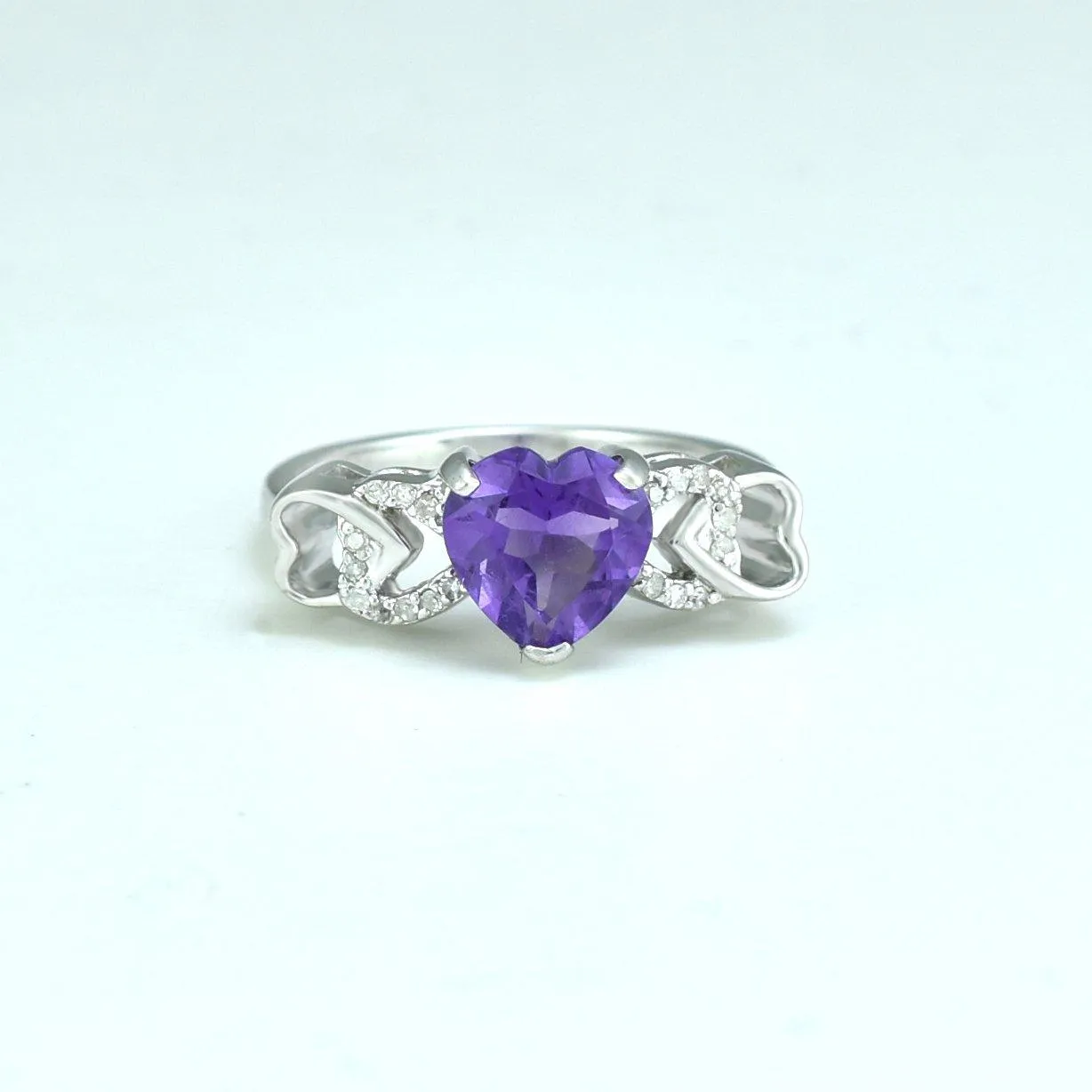 Amethyst and Diamond Heart Ring in Sterling Silver
