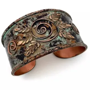 Anju Leaf Shapes and Spirals Turquoise Copper Patina Cuff