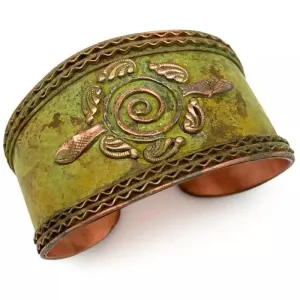 Anju Ornate Shapes and Center Spiral Green Copper Patina Cuff