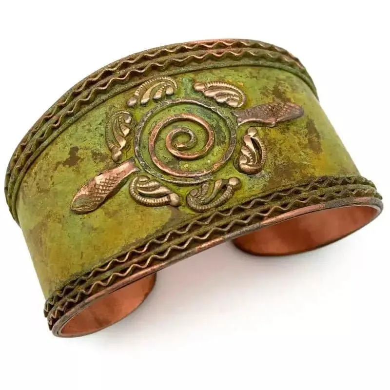 Anju Ornate Shapes and Center Spiral Green Copper Patina Cuff