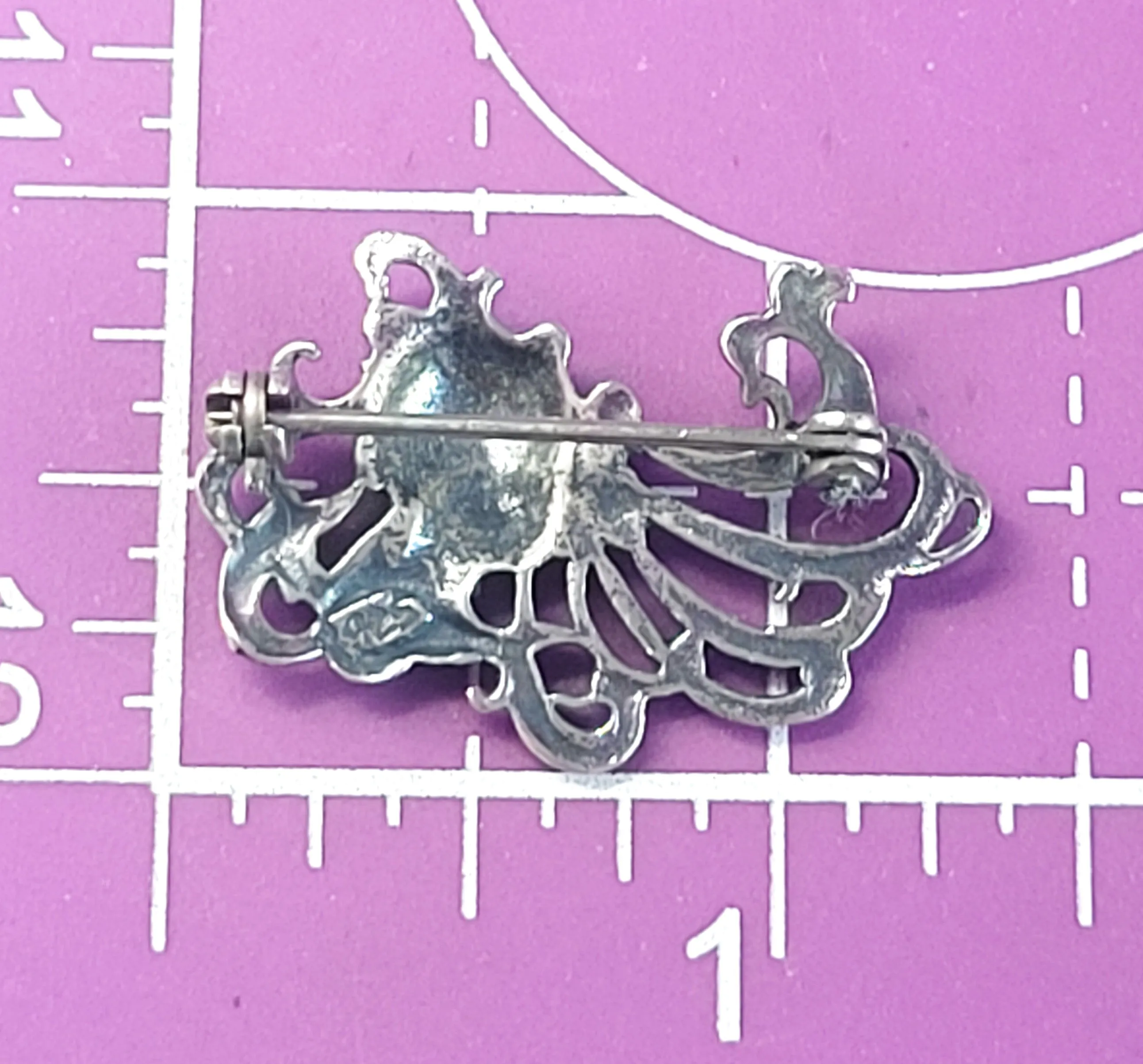 Art Nouveau Nymph sweeping cartouche woman sterling silver vintage brooch