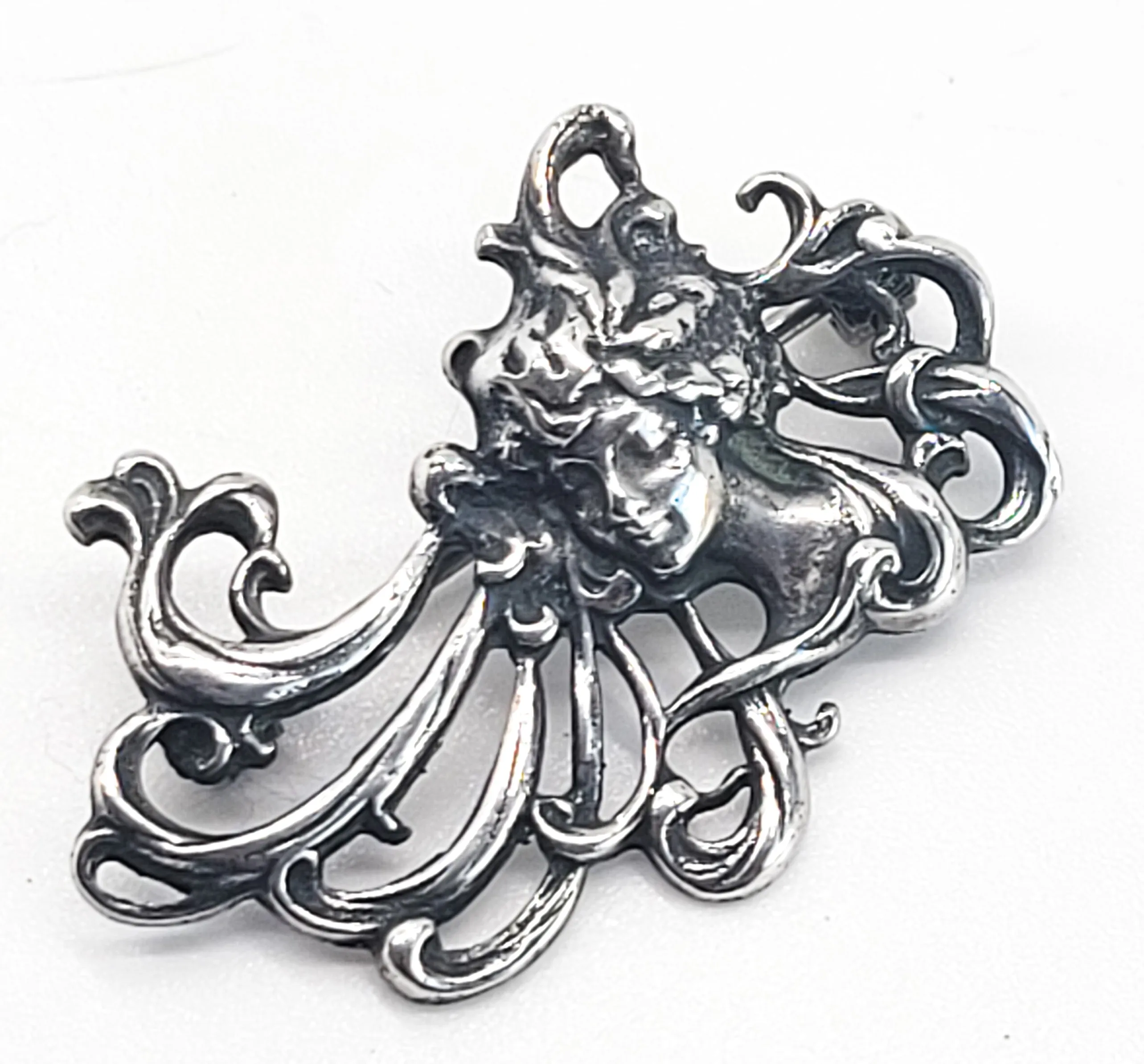 Art Nouveau Nymph sweeping cartouche woman sterling silver vintage brooch