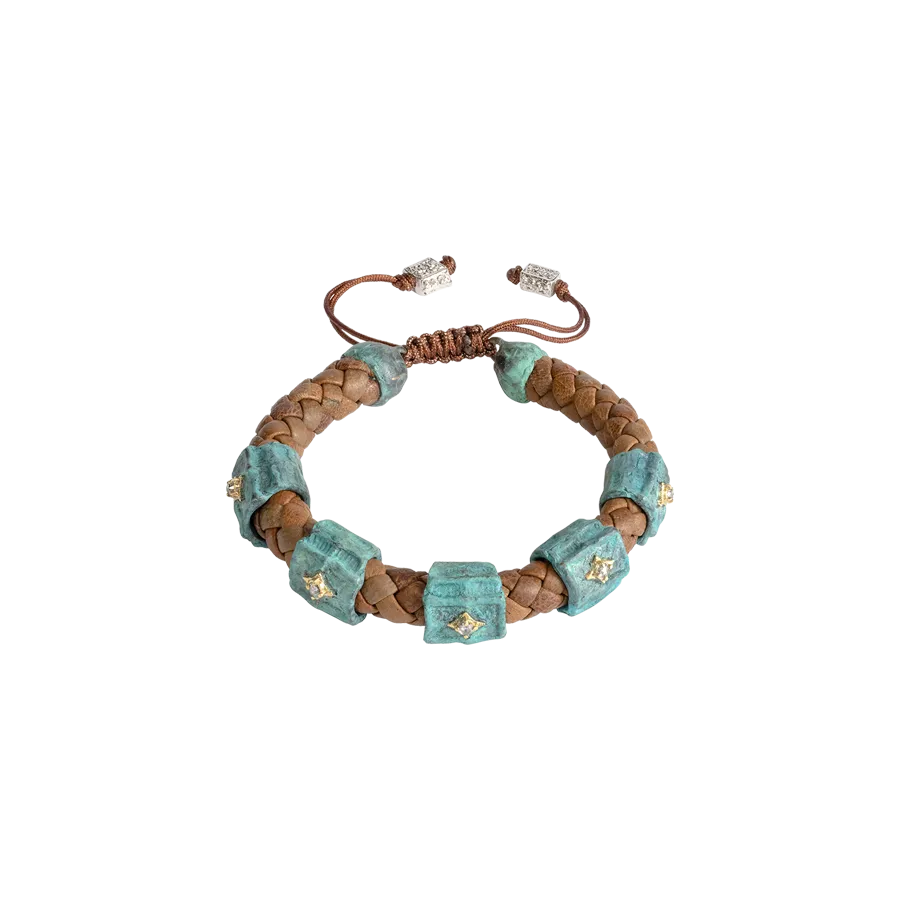 ARTIFACT BROWN LEATHER BRACELET WITH GOLD CRIVELLI AND TEAL PATINA DETAILS