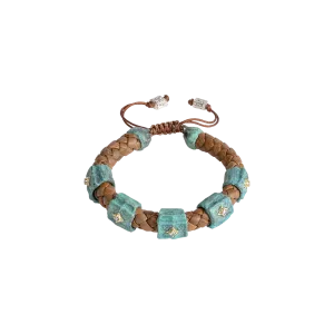 ARTIFACT BROWN LEATHER BRACELET WITH GOLD CRIVELLI AND TEAL PATINA DETAILS