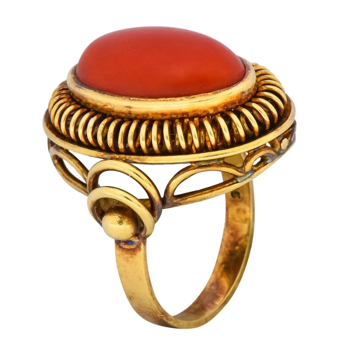 Arts & Crafts Coral Cabochon 14 Karat Gold Statement Ring