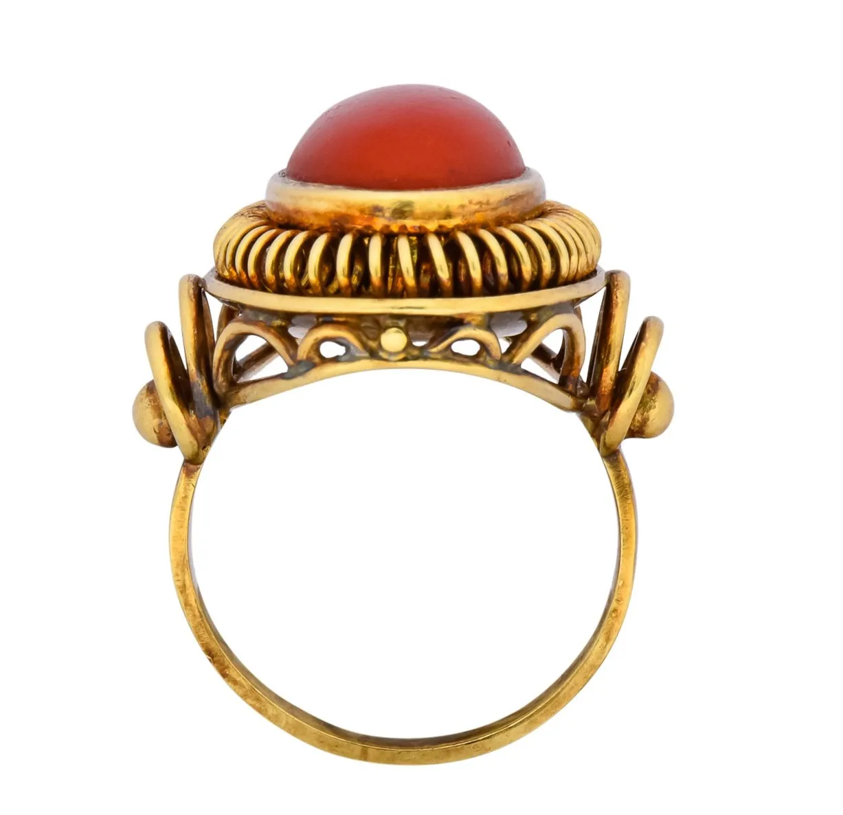 Arts & Crafts Coral Cabochon 14 Karat Gold Statement Ring