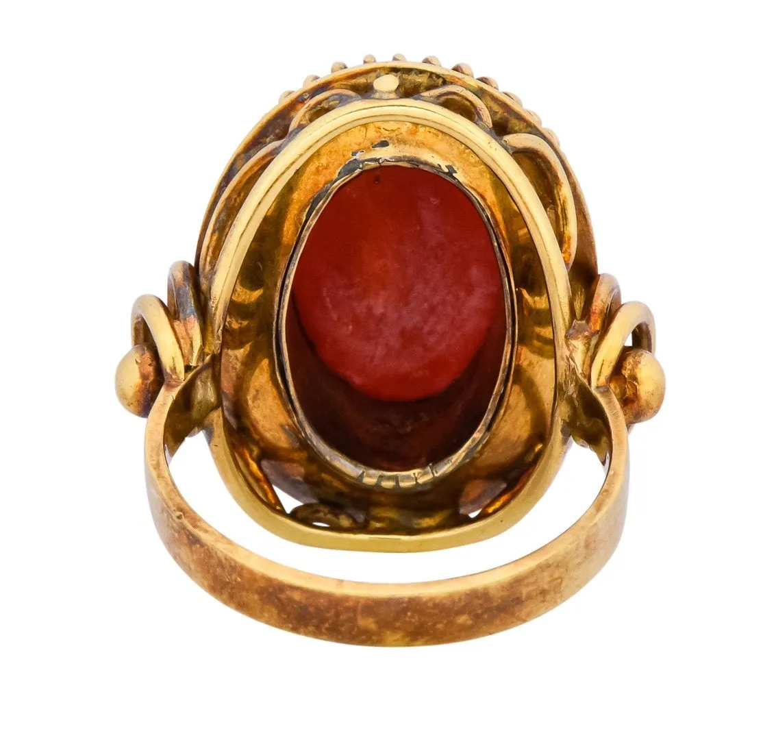 Arts & Crafts Coral Cabochon 14 Karat Gold Statement Ring