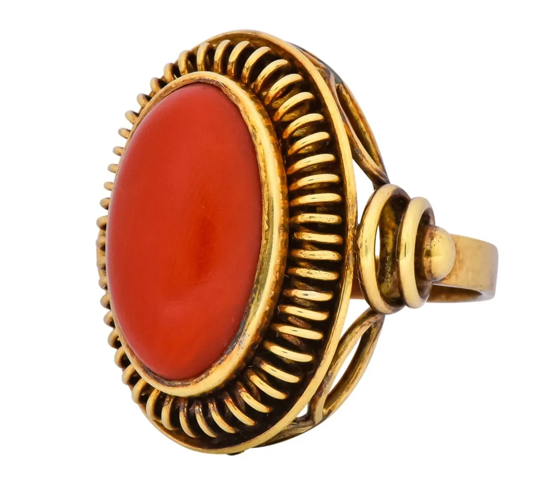 Arts & Crafts Coral Cabochon 14 Karat Gold Statement Ring