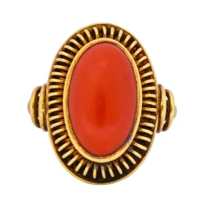 Arts & Crafts Coral Cabochon 14 Karat Gold Statement Ring