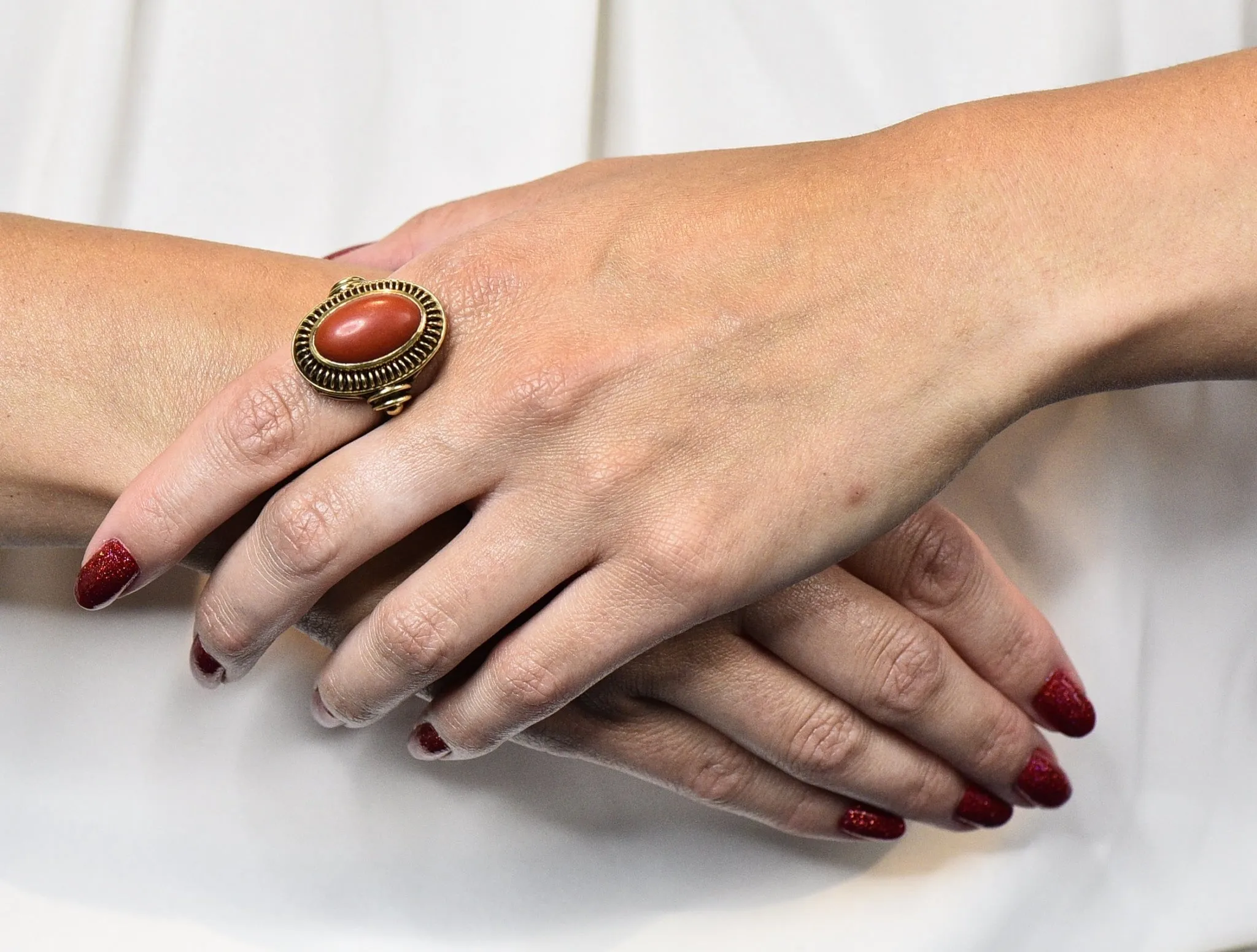 Arts & Crafts Coral Cabochon 14 Karat Gold Statement Ring