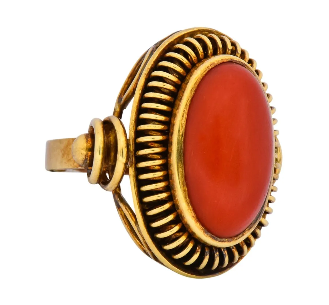 Arts & Crafts Coral Cabochon 14 Karat Gold Statement Ring