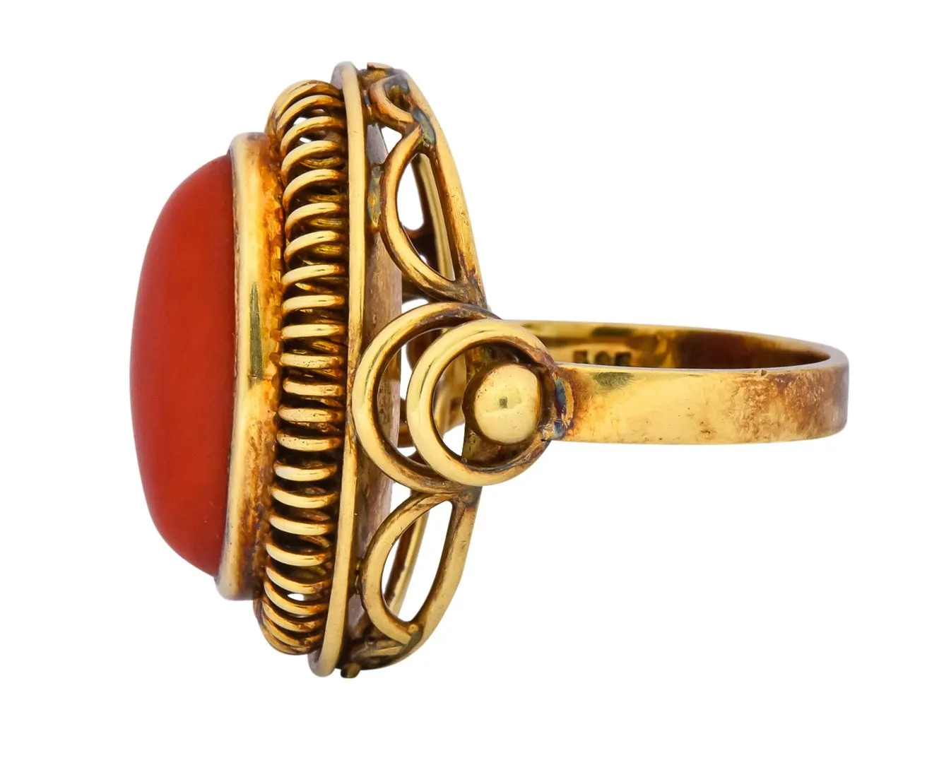 Arts & Crafts Coral Cabochon 14 Karat Gold Statement Ring
