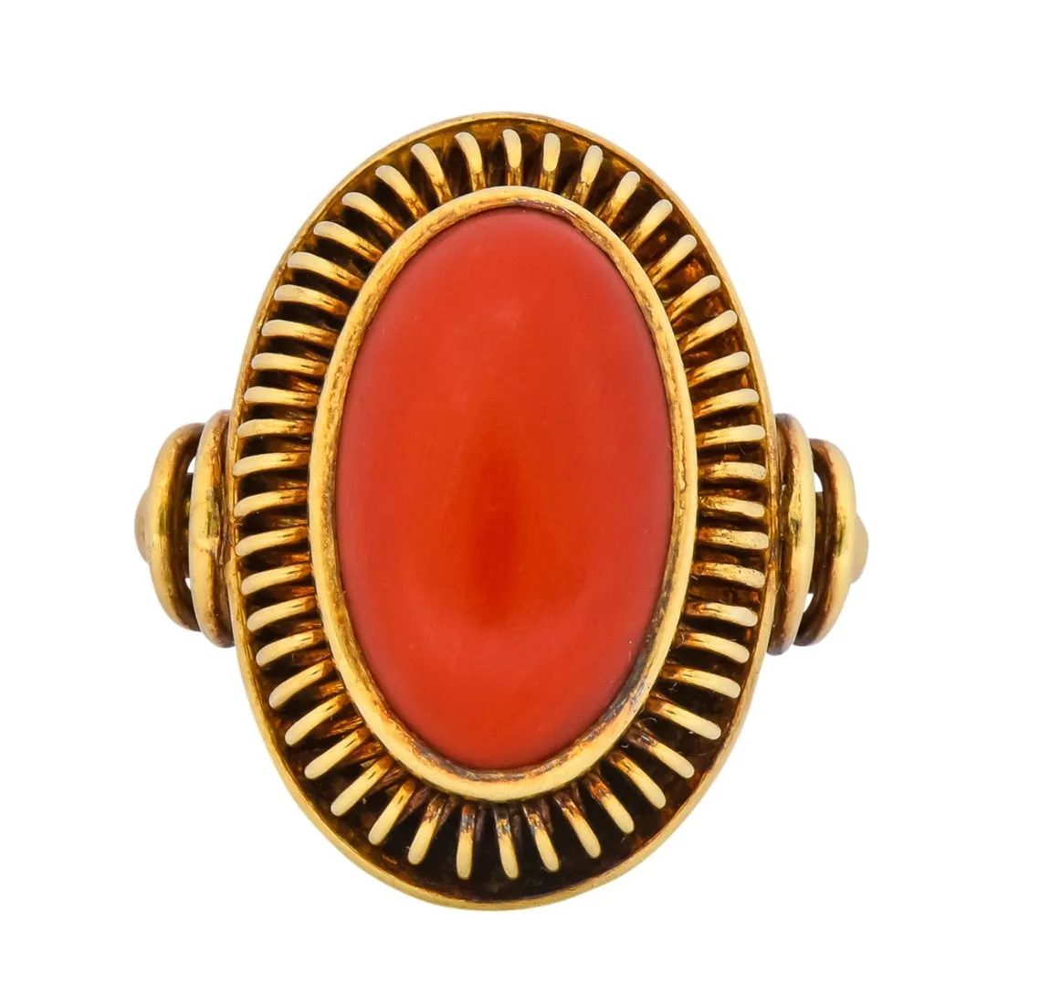 Arts & Crafts Coral Cabochon 14 Karat Gold Statement Ring