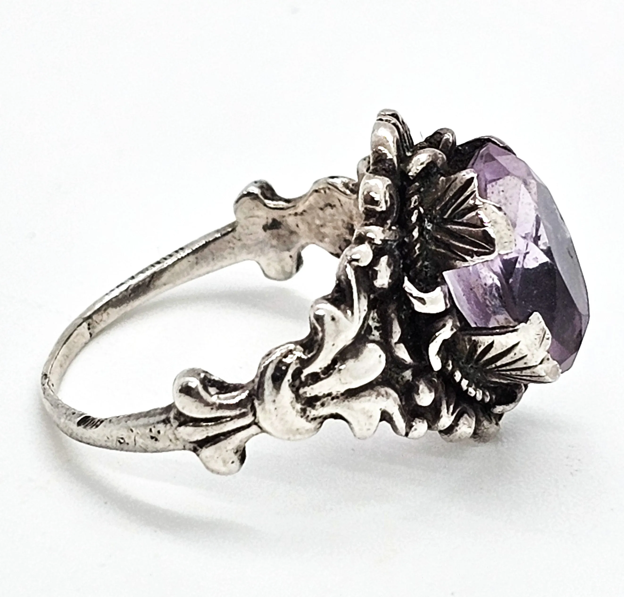 Astro Hungarian Arts and Crafts 2.66ct amethyst antique sterling silver ring size 8