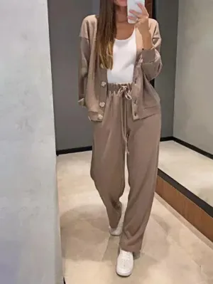Autumn Elegance: Women's Knitted Cotton Sports Jacket & Trousers Set