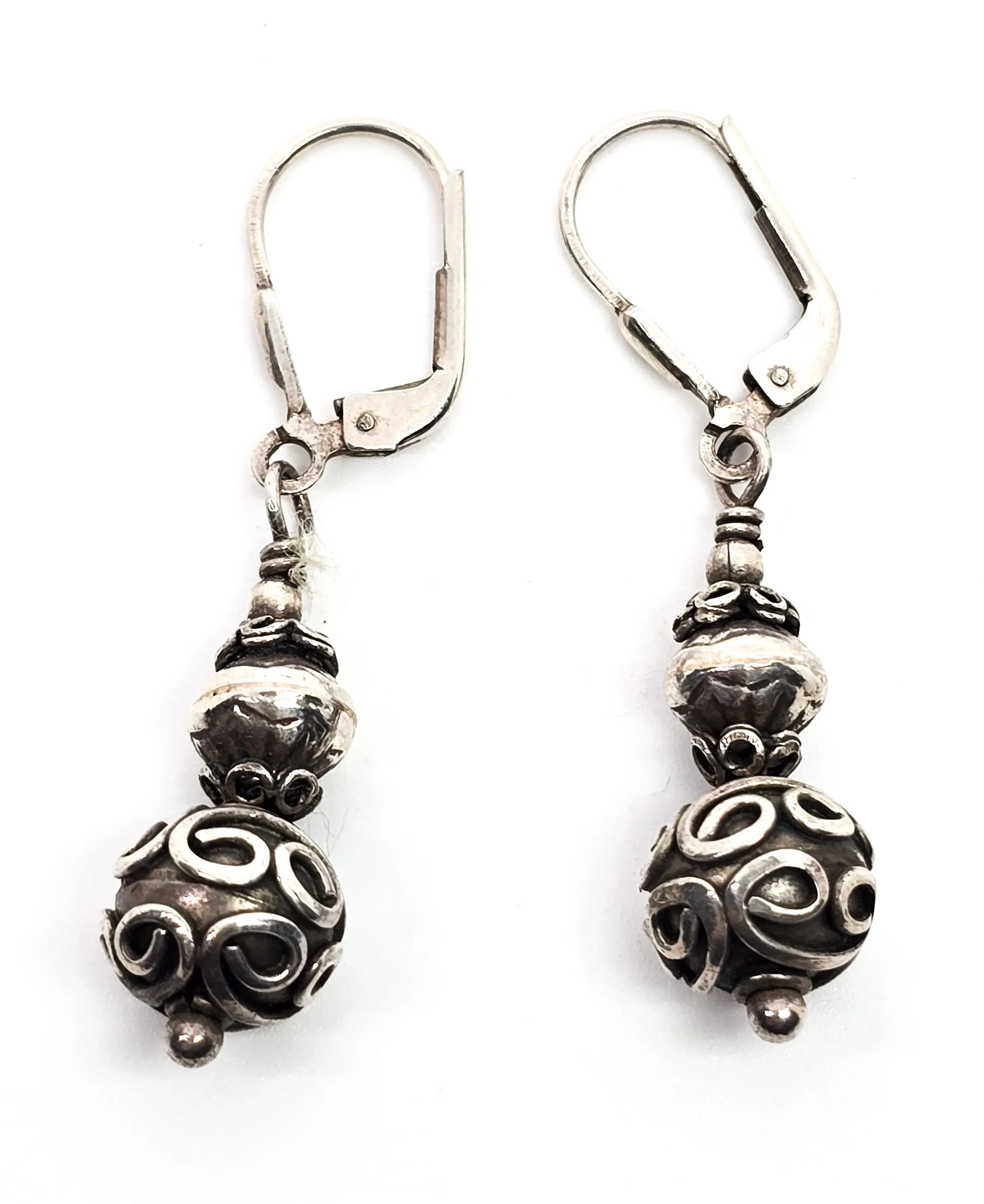 Balinese Bali tribal vintage beaded sterling silver lever back drop earrings