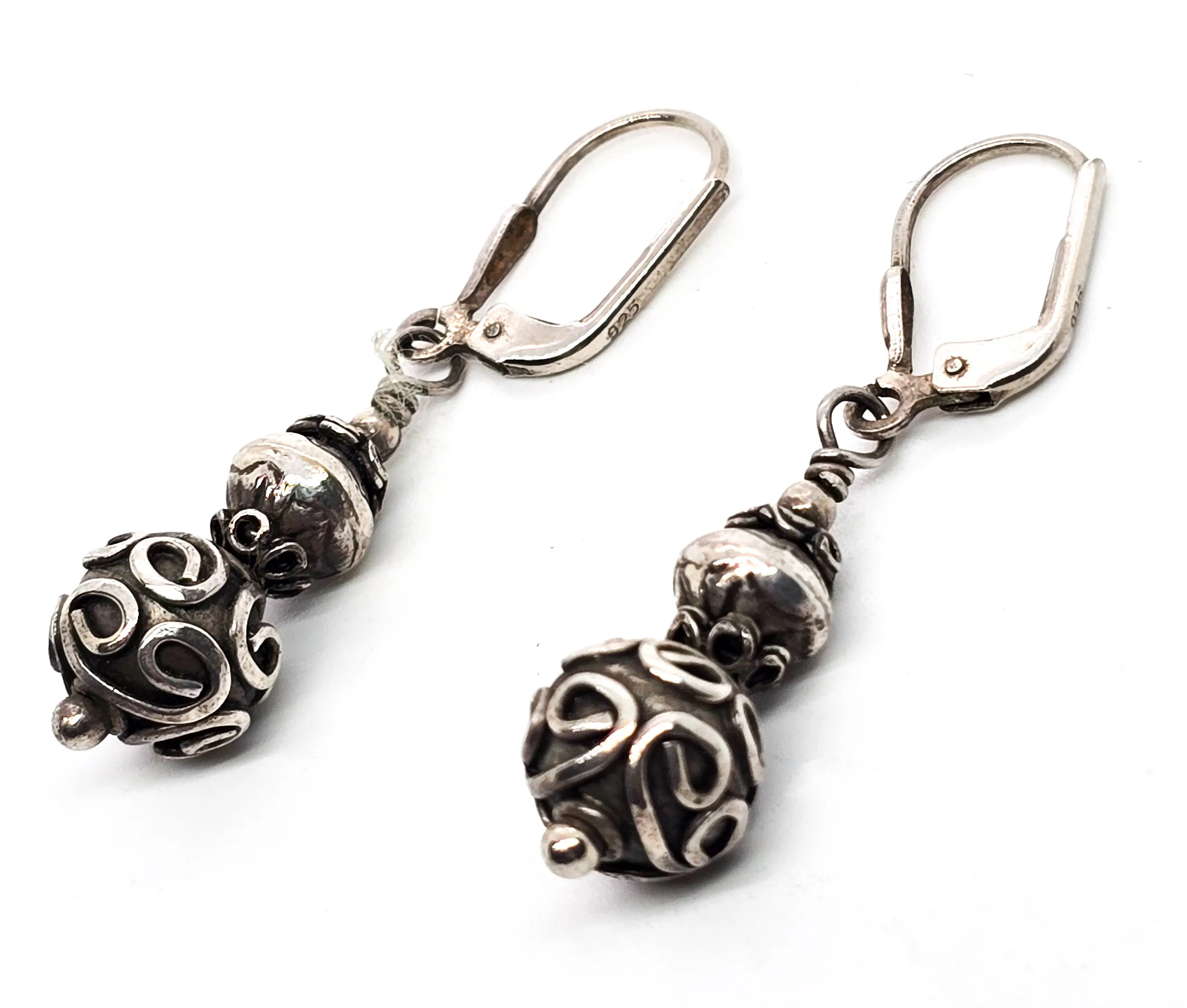 Balinese Bali tribal vintage beaded sterling silver lever back drop earrings