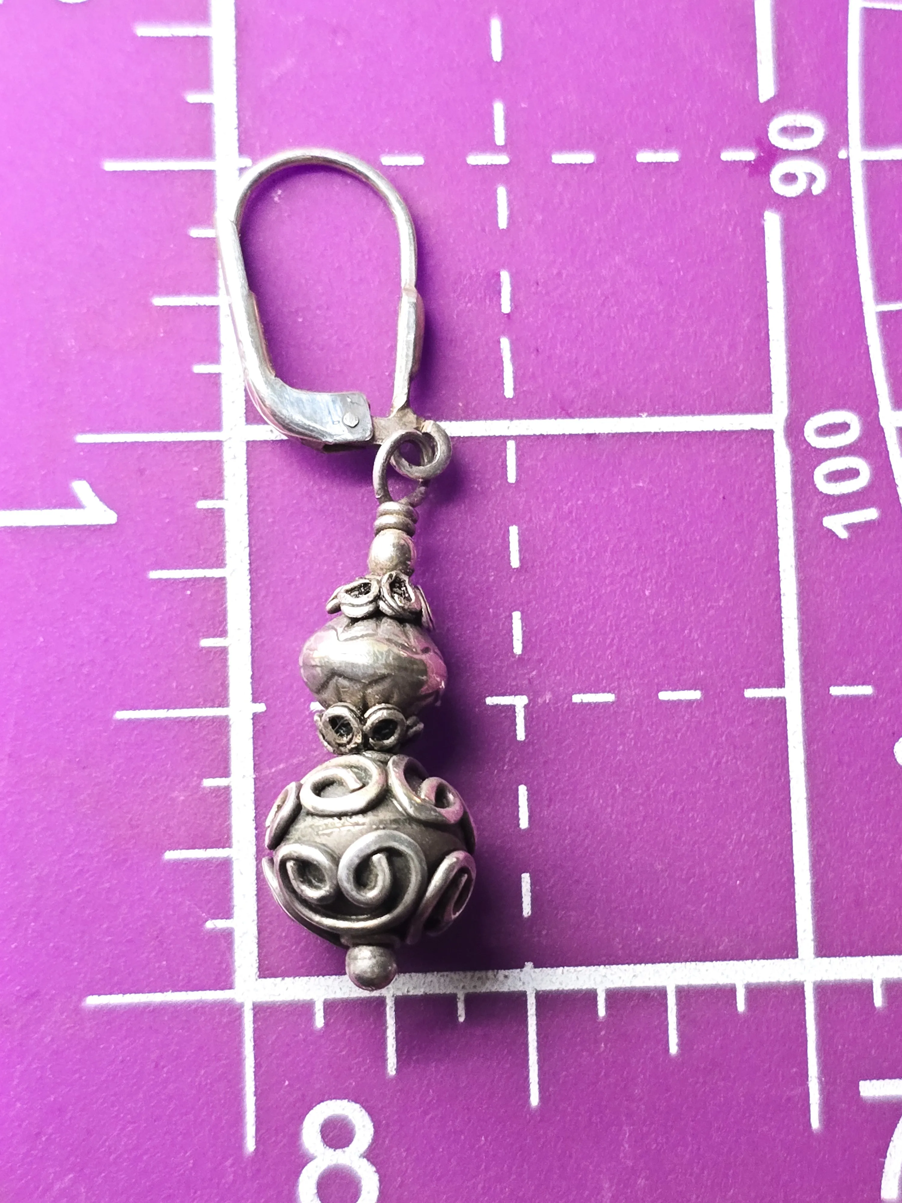 Balinese Bali tribal vintage beaded sterling silver lever back drop earrings