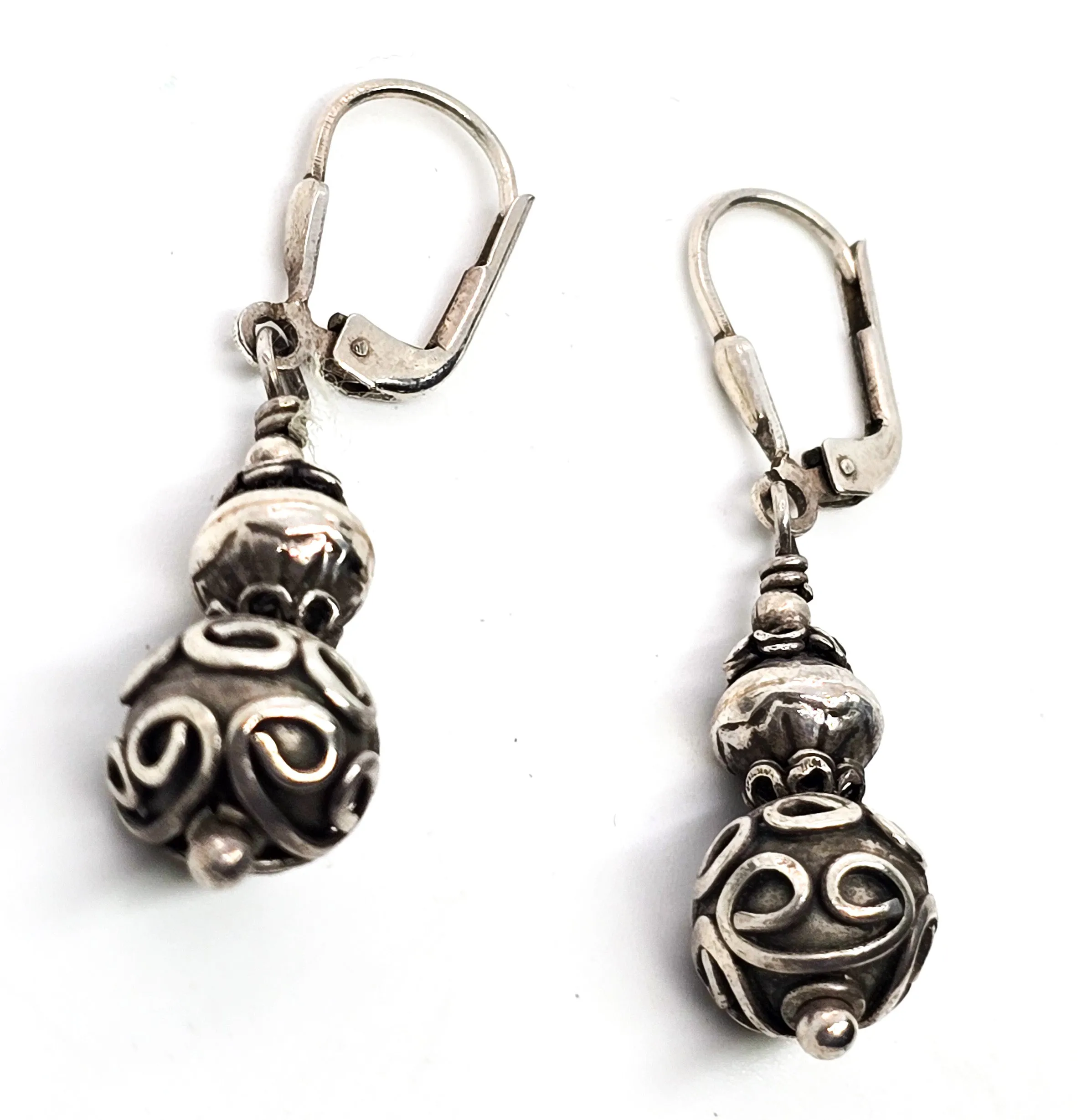 Balinese Bali tribal vintage beaded sterling silver lever back drop earrings