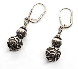 Balinese Bali tribal vintage beaded sterling silver lever back drop earrings