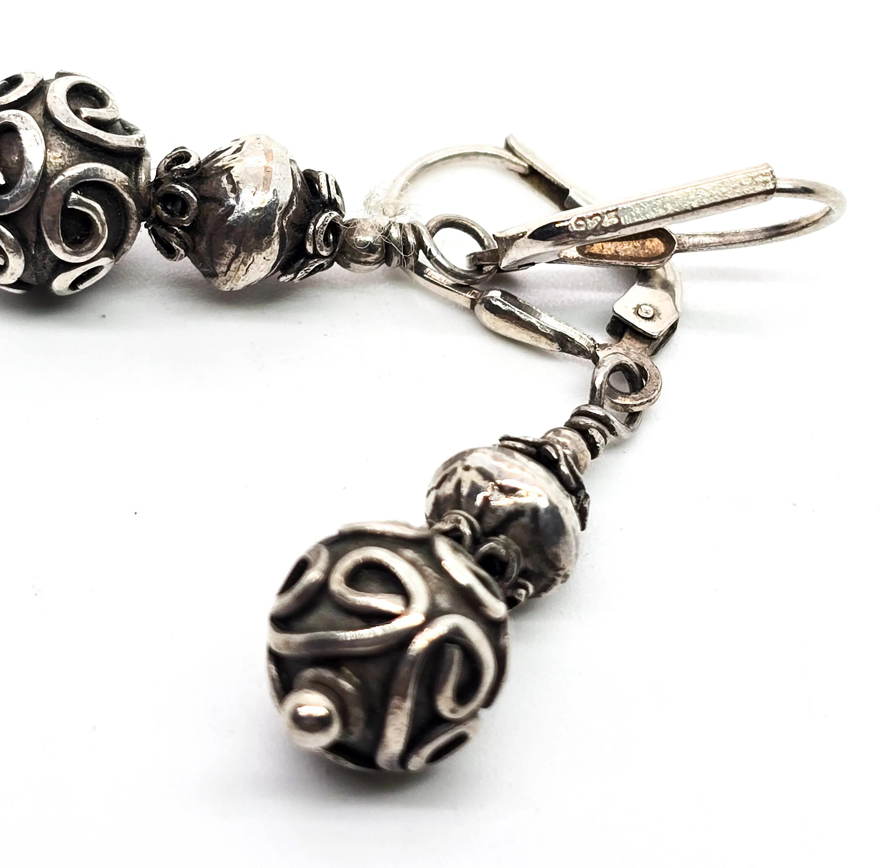 Balinese Bali tribal vintage beaded sterling silver lever back drop earrings
