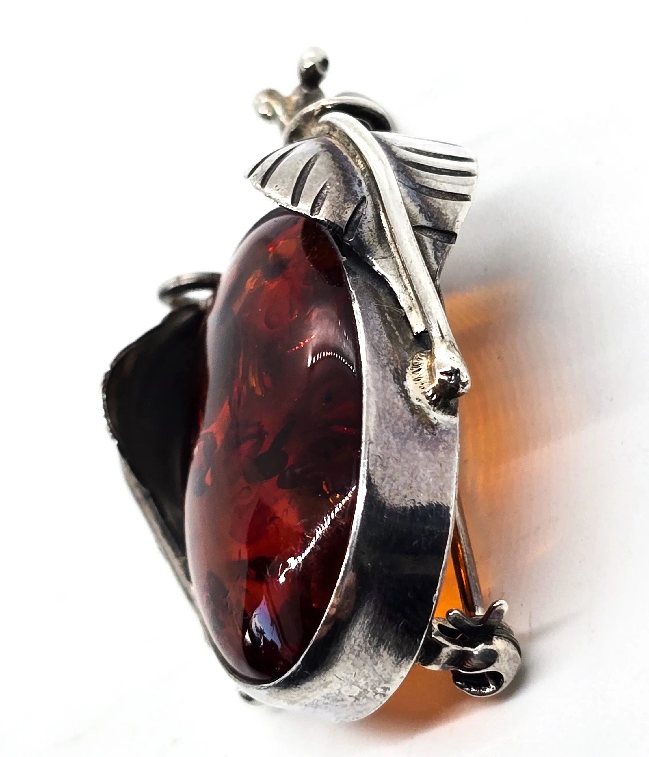 Baltic amber vintage feather large sterling silver pendant brooch