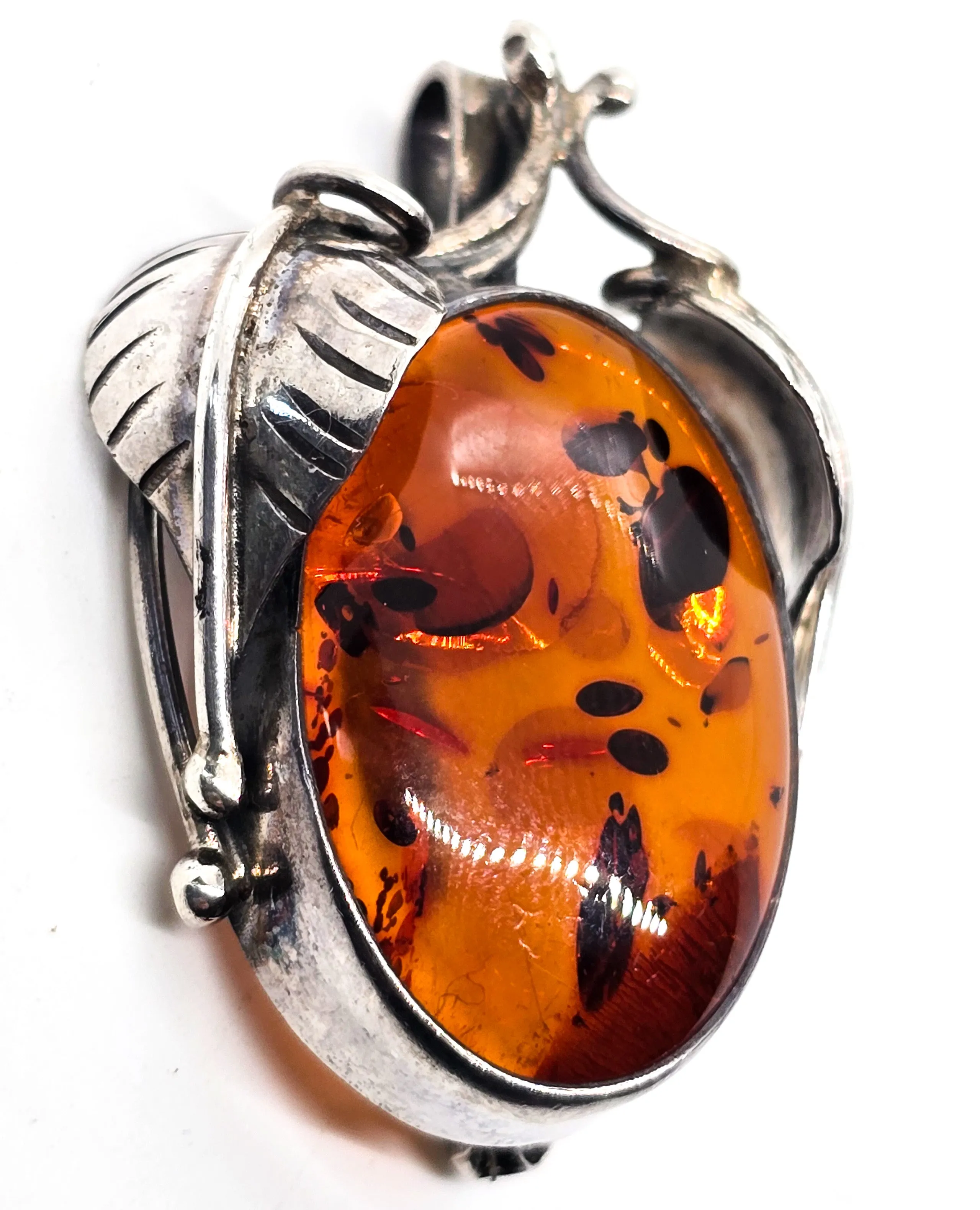 Baltic amber vintage feather large sterling silver pendant brooch