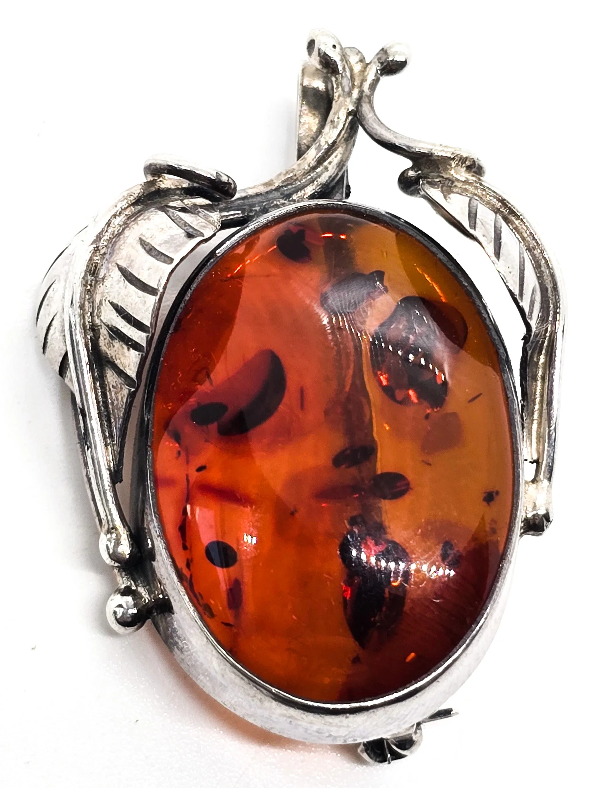 Baltic amber vintage feather large sterling silver pendant brooch