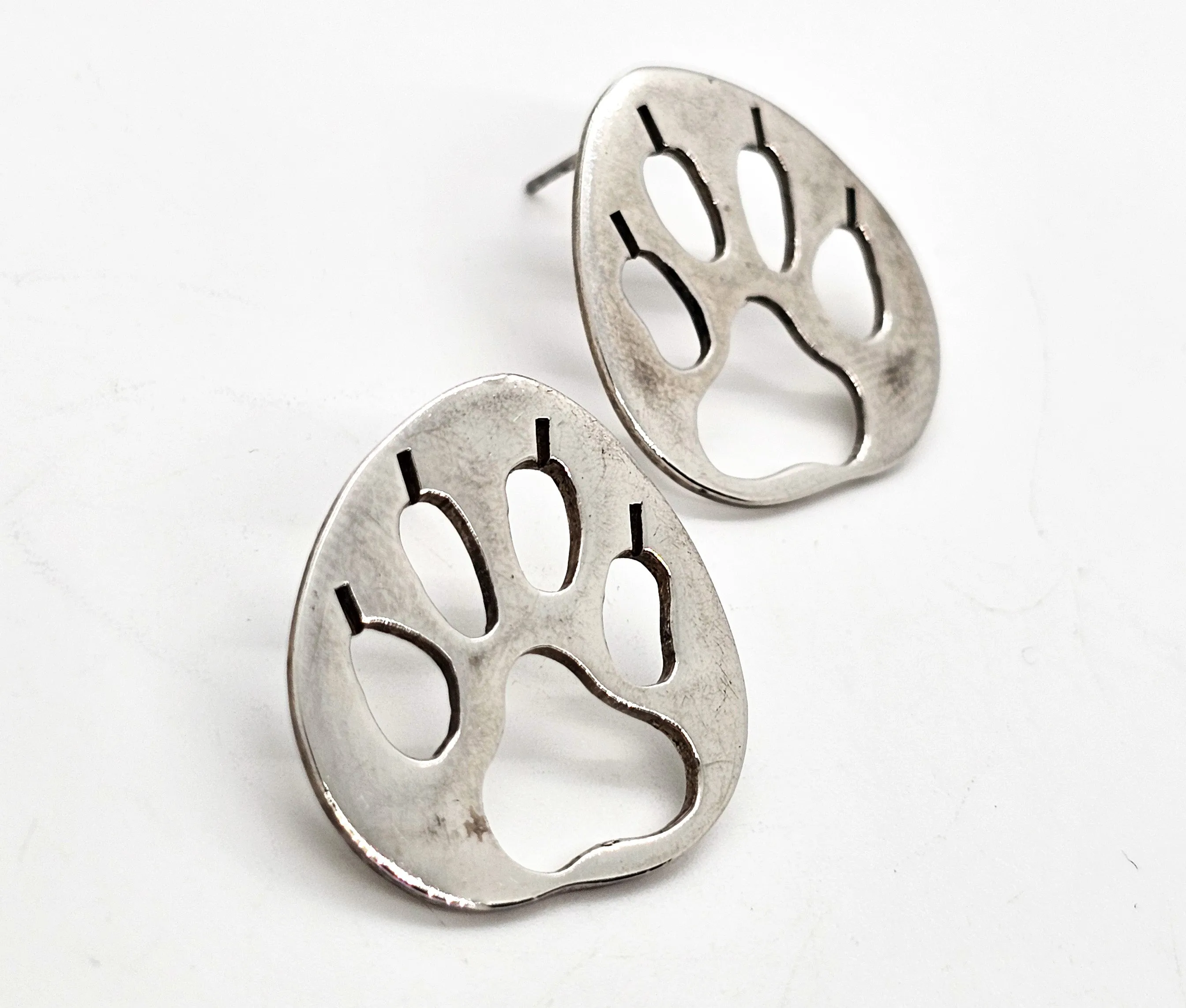 Bear Paw print cut out vintage large sterling silver stud animal earrings
