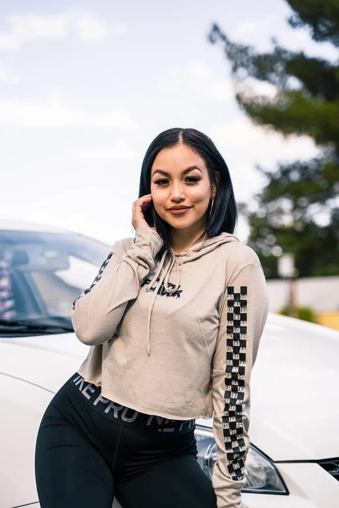 Black Drippin Flavor | Tan Triblend Crop Long Sleeve Tee (Solid Checkered Drippin Sleeve)