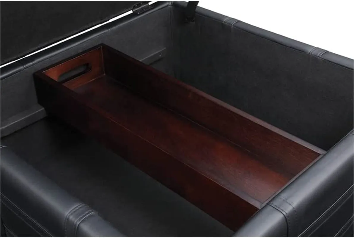 Black Faux Leather Storage Ottoman with Tray