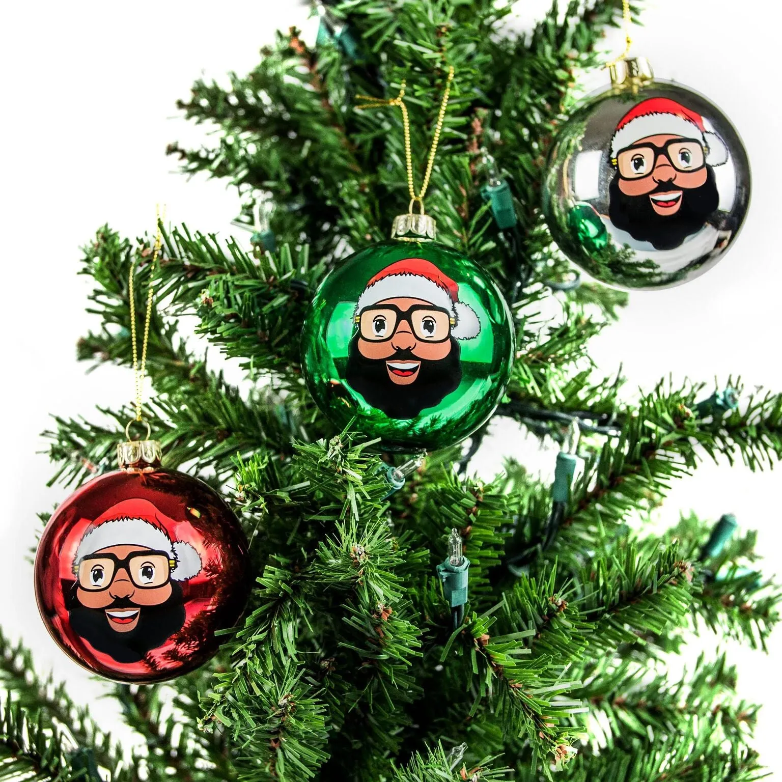 Black Santa 3 Glass Ball Ornaments - Shiny Finish