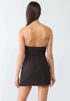Black Textured Strapless Ruched Crop Top & High Waist Twist Mini Skirt Set /3-2-1
