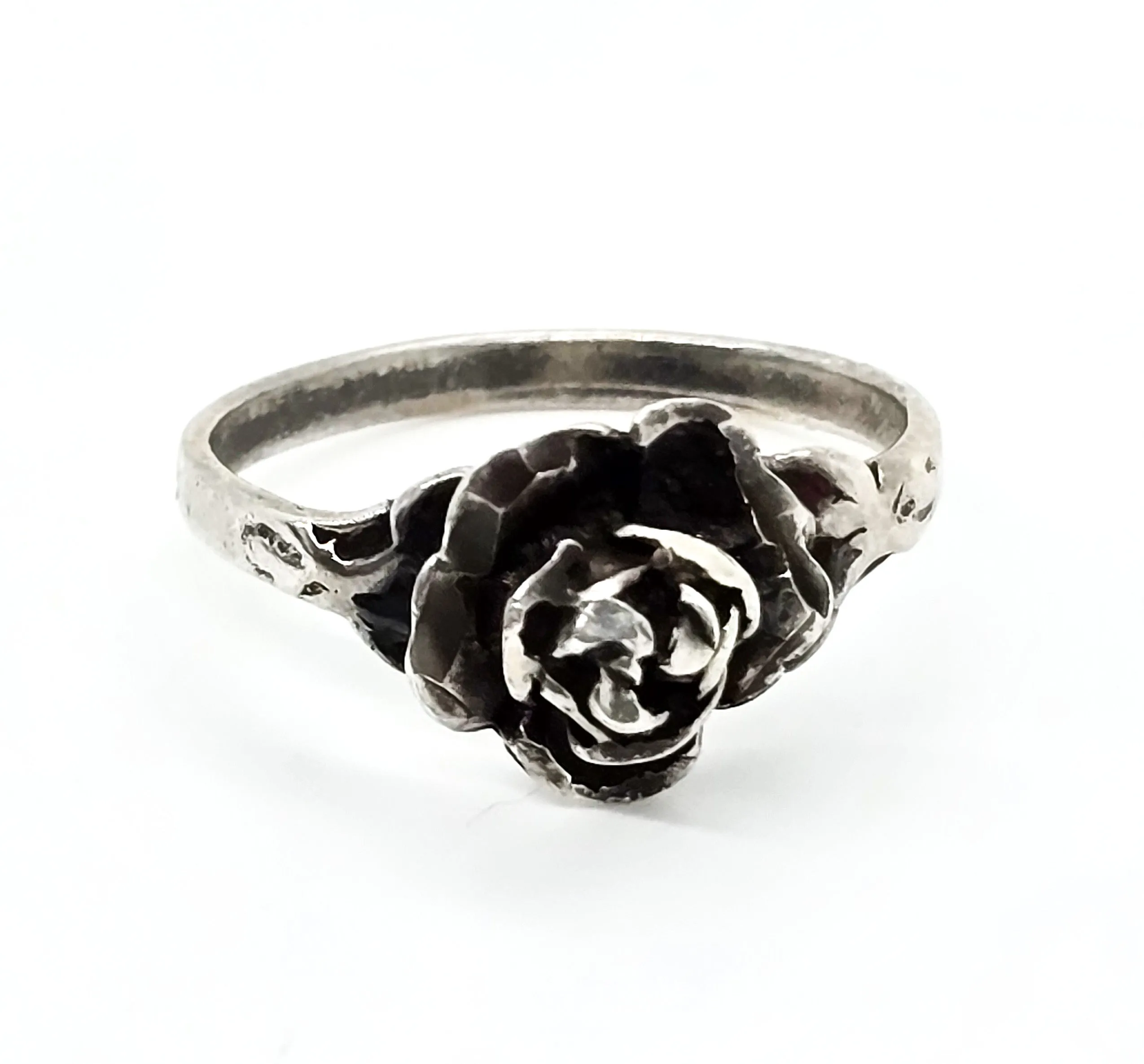 Blooming rose vintage sterling silver flower ring Signed He size 9