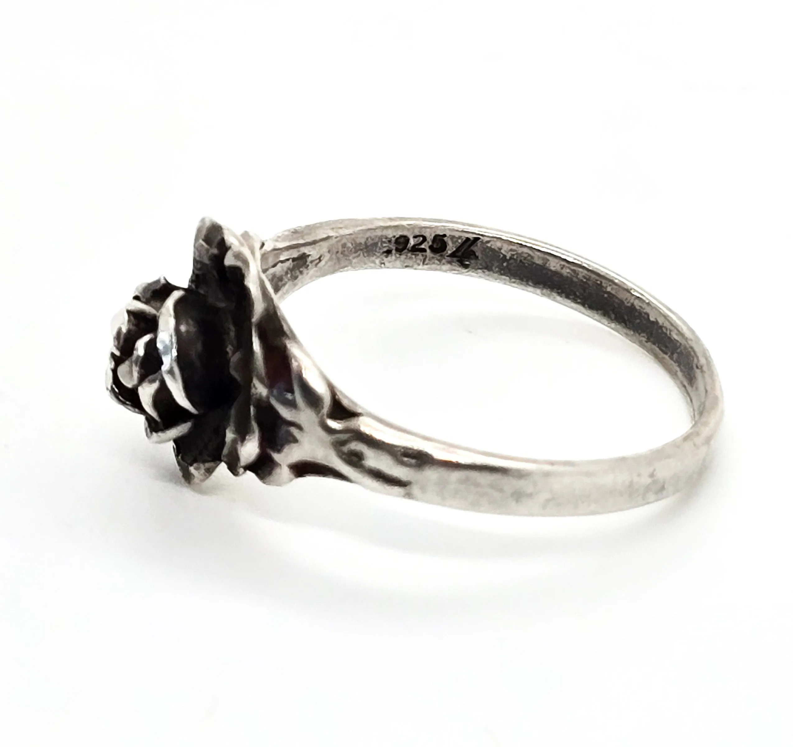 Blooming rose vintage sterling silver flower ring Signed He size 9