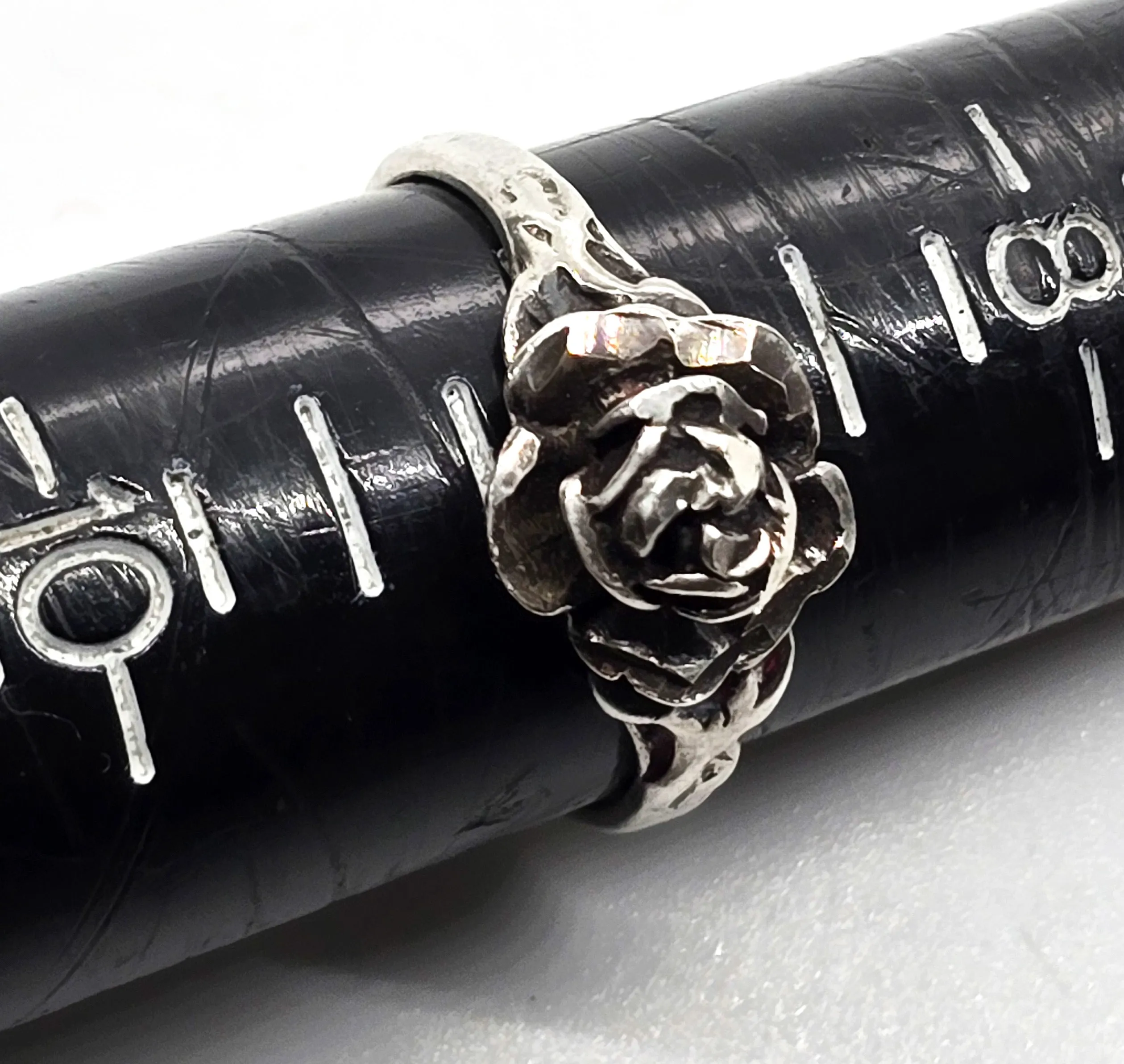 Blooming rose vintage sterling silver flower ring Signed He size 9
